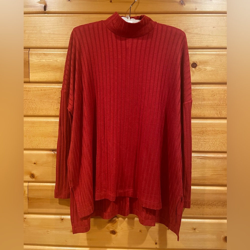 NWT LOFT XS Oversized Red Ribbed Top with Mock Turtleneck